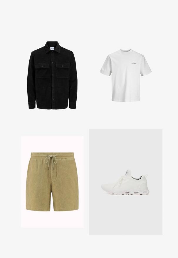 Mustat corduroy-nappi takki, jossa on kaksi etupistotaskua ja klassinen kaulus, pitkät hihat ja ribattu pinta.; Valkoinen puuvillainen t-paita, pyöreä kaula-aukko, lyhyet hihat, joissa on pientä mustaa tekstiä vasemmalla puolella. Sujuva rakenne, rento istuvuus.; Pyyhkeestä valmistetut shortsit pehmeässä, oliivinvihreässä kankaassa. Ominaisuuksiin kuuluu nauhavyötärö metallipäillä, sivutaskut ja rento istuvuus.; Valkoiset urheilukengät, joissa on teksturoitu neulepinta, litteät nauhat ja pehmustettu pohja, jossa on näkyvät ilmakammiot lisätuen tarjoamiseksi.