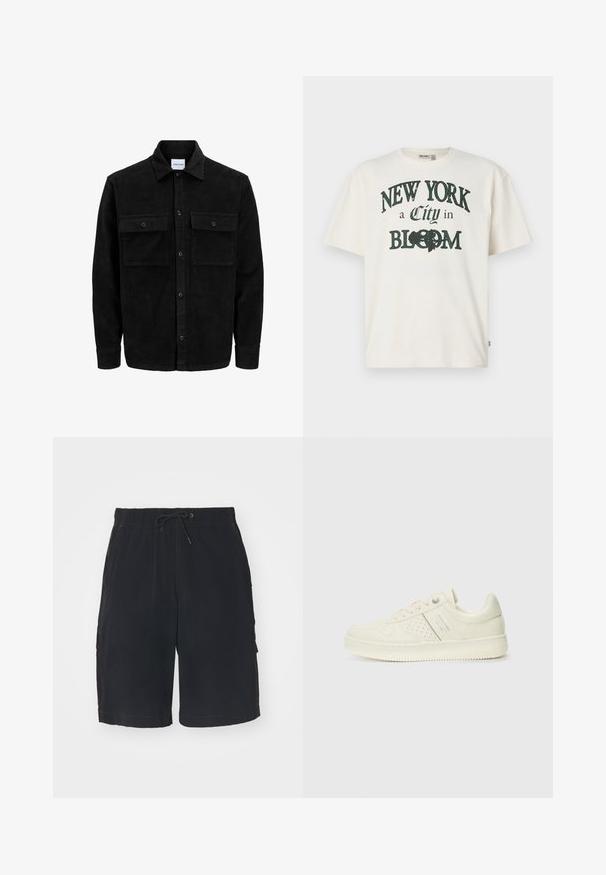Schwarze Corduroy-Button-Up-Jacke mit zwei frontalem Klappentaschen und klassischem Kragen, langen Ärmeln und gerippter Textur.; Krämfarbendes Baumwoll-T-Shirt mit kurzen Ärmeln, das ein gedrucktes Design mit der Aufschrift "NEW YORK eine Stadt im BLÜHEN" in dunkelgrün zeigt.; Schwarze Cargo-Shorts mit elastischem Bund, Kordelzug, Seitentaschen und kontrastierenden Nähten. Hergestellt aus leichtem Material.; Cremefarbene Sneaker mit perforierten Details, Schnürsenkeln und Logo an der Seite, vor einem schlichten weißen Hintergrund präsentiert.