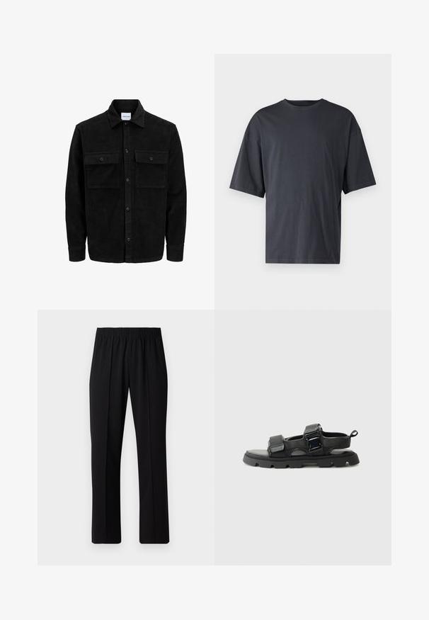 Juodas velveto mygtukų švarkas su dviem priekiniais kišenėmis su atvartais, klasikiniu apykakle, ilgomis rankovėmis ir raukšlėtu paviršiumi.; Tamsiai pilkas trumpas rankovėmis marškinėliai, pagaminti iš lengvos medvilnės, su laisvu kirpimu ir klasikinės apvalios iškirptės dizainu, be raštų ir su vientisu paviršiumi.; Juodos, elastingos juosmens kelnės su tiesiomis kojomis, turinčios lygų paviršių ir be matomų raštų ar detalių.; Juodos šlepetės su tekstūruotu audiniu, plačiomis juostelėmis, metaliniais sagties akcentais ir storu guminiais padu su griovelių raštu.