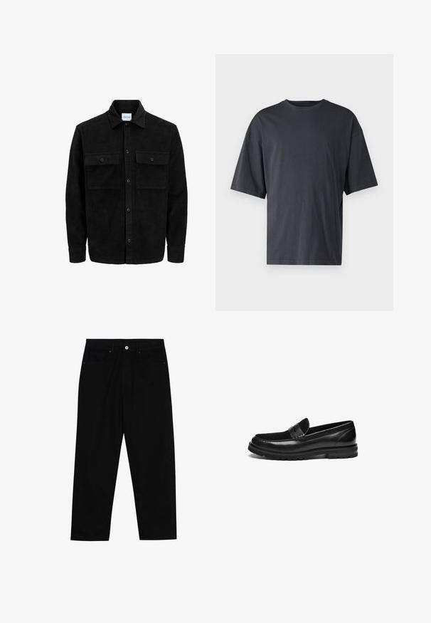 Čierna kordúrová bunda s gombíkmi, dvoma prednými vreckami so záklopkou a klasickým golierom, dlhými rukávmi a ryhovanou textúrou.; Tmavošedé tričko s krátkym rukávom vyrobené z ľahkého bavlneného materiálu, s voľným strihom a klasickým okrúhlym výstrihom, bez vzoru a s hladkou textúrou.; Čierne denimmové nohavice s rovný strihom, dizajnom s piatimi vreckami a upínaním na prednej strane. Hladká textúra s minimálnymi detailmi šitia.; Čierne kožené mokasíny s hladkým povrchom, s textúrovaným zamatovým akcentom na špici a robustným gumovým dizajnom podrážky.