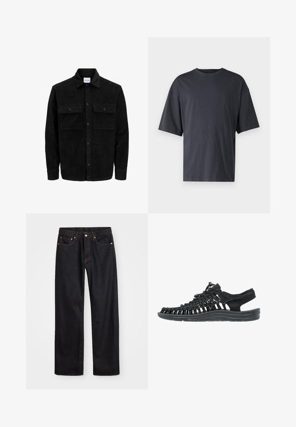 Melnas kordūru pogu jaka ar divām priekšējām atloka kabatām un klasisku apkakli, garām piedurknēm un ribotu tekstūru.; Tumši pelēkas īsām piedurknēm T-krekls, izgatavots no viegla kokvilnas, ar brīvu piegriezumu un klasisku apaļu kakla izgriezumu, bez rakstiem un ar vienveidīgu faktūru.; Vīriešu taisno kāju melnie džinsi ar piecām kabatām un oranžu izšuvumu, ar pogu un zipa aizdari priekšējā jostas daļā.; Melnas sandales ar austu sintētisko augšdaļu, regulējamu saites aizvēršanu un mīkstinātu zoli. Iezīmējas ar atvērtu dizainu, kas nodrošina gaisa caurlaidību.