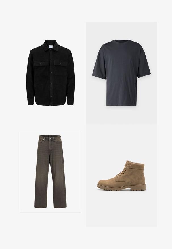 Black corduroy button-up jacket with two front flap pockets and a classic collar, long sleeves, and ribbed texture.; Dark gray short-sleeve t-shirt made of lightweight cotton, featuring a loose fit and classic crew neckline, with plain texture and no patterns.; Wide-leg jeans in dark grey denim, featuring a high waist, classic five-pocket design, and contrasting stitching along the seams.; Tan suede ankle boots with a rounded toe, padded collar, six pairs of eyelets, and a thick rubber sole featuring ridged detailing.