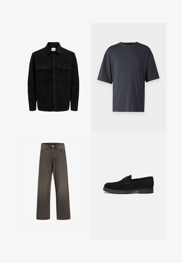 Črna kordurojska jakna z gumbi, z dvema sprednjima žepoma z zavihkom in klasičnim ovratnikom, dolgimi rokavi ter rebrasto teksturo.; Temno siva majica s kratkimi rokavi iz lahkotnega bombaža, z ohlapnim krojem in klasičnim okroglim izrezom, z enostavno teksturo in brez vzorcev.; Široke hlače iz temno sive denim tkanine, s wysokim pasom, klasičnim pet-pocket dizajnom in kontrastnim šivom ob šivih.; Črne semiš loferke z zaobljenim nosom in šivanim dodatkom spredaj. Gumijast podplat z vidnimi udarci za oprijem.