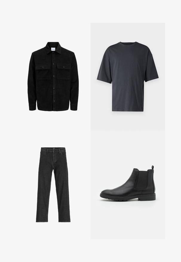 Svart kordfløyels knappjakke med to frontlommer med klaff og klassisk krage, lange ermer og ribbet tekstur.; Mørk grå kortermet t-skjorte laget av lett bomull, med løs passform og klassisk rund hals, med ensartet tekstur og uten mønstre.; Sorte denimjeans med rett ben-design, som har glidelås, beltehemper og seks lommer, laget av et slitesterkt bomullsmateriale.; Sorte skinn Chelsea-støvler med elastiske sidepaneler og en pull-tab, med en avrundet tå og teksturert gummisåle.