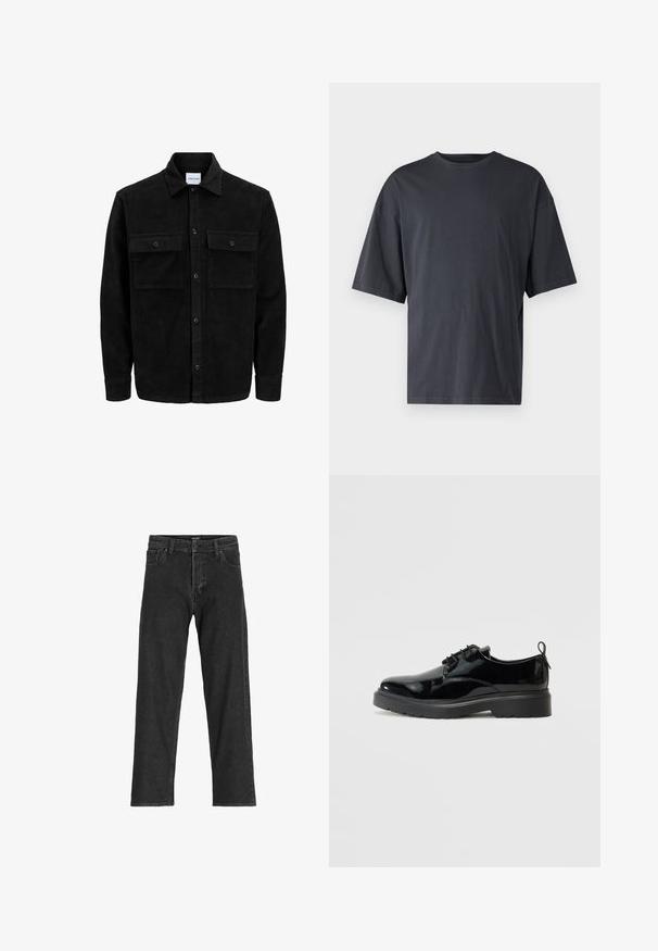 Veste en velours côtelé noire à boutons, avec deux poches à rabat à l'avant et un col classique, des manches longues et une texture côtelée.; T-shirt à manches courtes gris foncé en coton léger, avec une coupe ample et un col rond classique, présentant une texture unie et sans motifs.; Jean en denim noir avec une coupe droite, dotée d'une fermeture éclair, de passants de ceinture et de six poches, confectionnée dans un tissu en coton robuste.; Chaussure à lacets en cuir verni noir avec semelle en caoutchouc épaisse et tirant au talon, présentée depuis le côté intérieur sur un fond blanc.