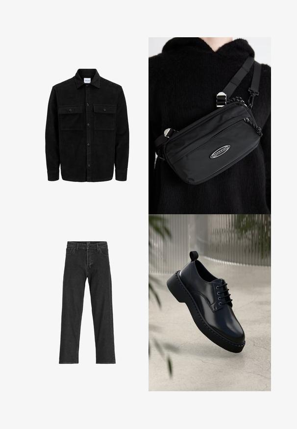 Svart kordflodjacka med knappar, två framfickor med klaff och klassisk krage, långa ärmar och ribbad textur.; Mörkgrå t-shirt med kort ärm i lättviktsbomull, med en lös passform och klassisk rundhalsringning, med slät textur och utan mönster.; Svarta denimjeans med rak passform, featuring dragkedja, bälteslöljer och sex fickor, tillverkade av en kraftig bomullsblandning.; Svart lädersko med rund tå, snörning och en tjock gummisula med en strukturerad kant. Snygg yta och minimal hårdvara.; Svart nylon crossbody-väska med justerbar rem, med en slät textur, en framficka med dragkedja och en logotypdetalj.; Vitt pärlhalsband med en enhetlig rund form, slät yta och metalknop med en förlängningskedja för justerbar längd.