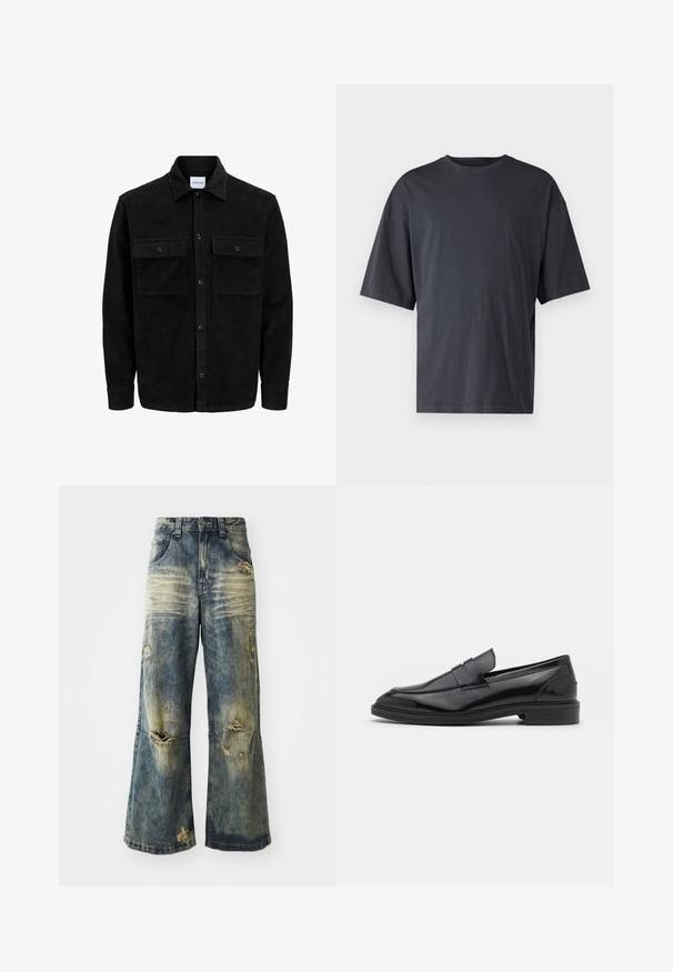 Svart kordflodjacka med knappar, två framfickor med klaff och klassisk krage, långa ärmar och ribbad textur.; Mörkgrå t-shirt med kort ärm i lättviktsbomull, med en lös passform och klassisk rundhalsringning, med slät textur och utan mönster.; Bleka blå vida jeans med slitna hål och fransad fåll. Har en traditionell femfickorsdesign och bälteshällor i midjan.; Svarta läderloafers med en slät finish, med rund tå och en smal rem över framsidan. Låg klack.