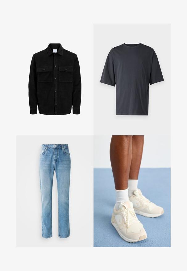 Melnas kordūru pogu jaka ar divām priekšējām atloka kabatām un klasisku apkakli, garām piedurknēm un ribotu tekstūru.; Tumši pelēkas īsām piedurknēm T-krekls, izgatavots no viegla kokvilnas, ar brīvu piegriezumu un klasisku apaļu kakla izgriezumu, bez rakstiem un ar vienveidīgu faktūru.; Gai zila džinsu bikses ar taisno kāju modeli, piecām kabatām, pogu aizdari un nelieliem izbalējumu rakstiem uz auduma.; Gai bēšas sporta kurpes ar Acs un zamša tekstūru. Iespējas: logo, auklu dizains un mīksts zolīte. Nēsātas ar baltām zeķēm.