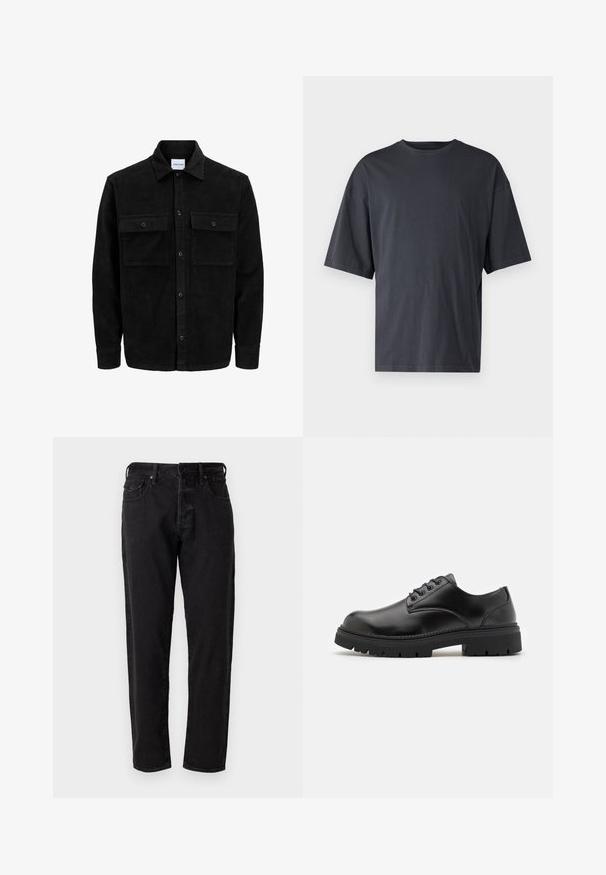 Mustmustöös nupuga jope, millel on kaks eesmist klapiga taskut ja klassikaline kaelus, pikad varrukad ning ribakujuline tekstuur.; Tumehall lühikeste varrukatega T-särk, mis on valmistatud kerge puuvilla segust, laia lõikega ja klassikalise ümmarguse kaelusega, täiesti sile ja ilma mustriteta.; Musta teksastiilis püksid sirge sääre disainiga, viie tasku ja metallist nööp sulgemisega. Materjal on pehme tekstuuriga ja minimaalsete pleekimisjälgedega.; Mustad mustad nahast jalanõud, millel on ümardatud varvas, paeltega disain ja paks, tekstuuriga kummitald. Omab äärte pikeeringut ja siledat viimistlust.