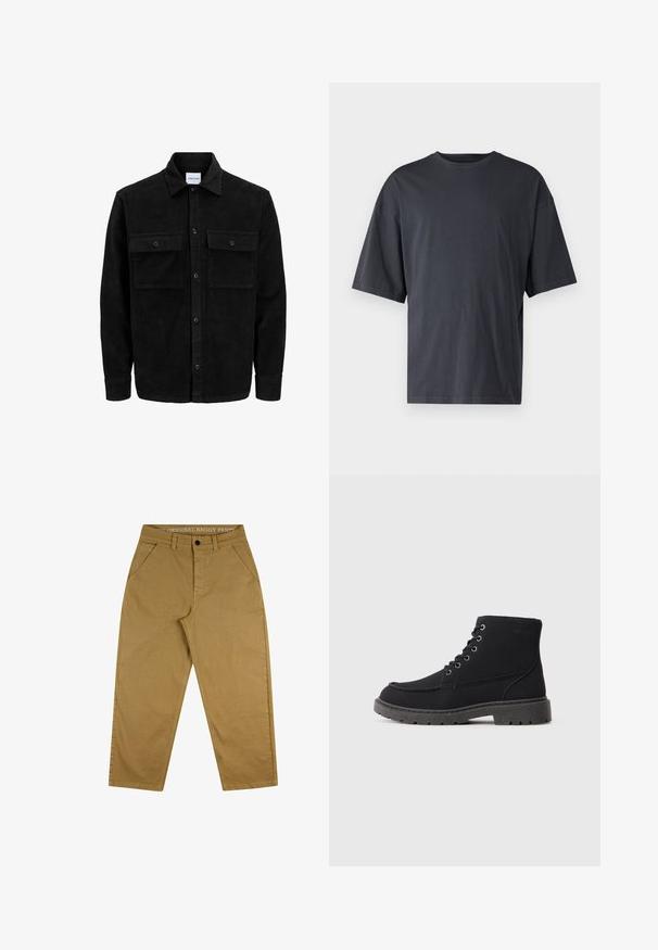 Čierna kordúrová bunda s gombíkmi, dvoma prednými vreckami so záklopkou a klasickým golierom, dlhými rukávmi a ryhovanou textúrou.; Tmavošedé tričko s krátkym rukávom vyrobené z ľahkého bavlneného materiálu, s voľným strihom a klasickým okrúhlym výstrihom, bez vzoru a s hladkou textúrou.; Svetlohnedé voľné nohavice vyrobené z odolnej bavlny. Majú zapínanie na gombík, dizajn s piatimi vreckami a štítok na páse s textom.; Čierne členkové topánky vyrobené z textúrovaného materiálu s plochou podrážkou, okrúhlou špičkou a šiestimi dierkami na šnurovanie. Spevnené švy pozdĺž okraja.