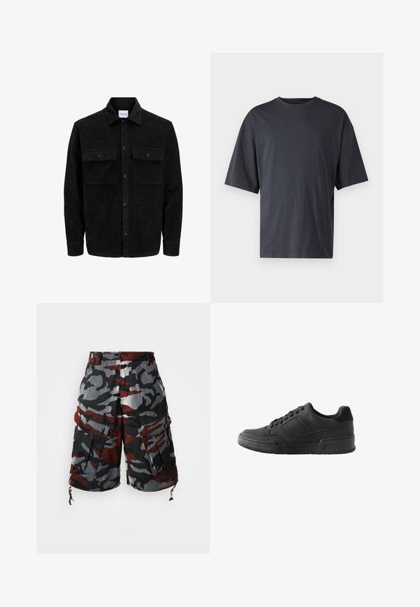 Black corduroy button-up jacket with two front flap pockets and a classic collar, long sleeves, and ribbed texture.; Dark gray short-sleeve t-shirt made of lightweight cotton, featuring a loose fit and classic crew neckline, with plain texture and no patterns.; Camo cargo shorts in red, black, and gray fabric. Features multiple pockets, adjustable drawstring hems, and a relaxed fit design.; Black sneakers featuring a smooth leather upper, contrasting suede accents, structured shape, and a textured rubber sole.