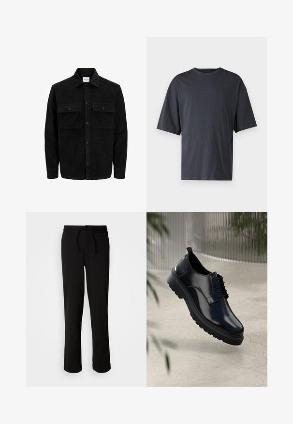 Črna kordurojska jakna z gumbi, z dvema sprednjima žepoma z zavihkom in klasičnim ovratnikom, dolgimi rokavi ter rebrasto teksturo.; Temno siva majica s kratkimi rokavi iz lahkotnega bombaža, z ohlapnim krojem in klasičnim okroglim izrezom, z enostavno teksturo in brez vzorcev.; Črne trenirka z vrvico v pasu, narejena iz mehkega in raztegljivega materiala. Ima sproščen kroj s pravimi hlačnicami in brez vidnih žepov.; Črne usnjene čevlje z sijajno površino, okrogle prste, vezalni dizajn, kontrastno šivanje in debel gumijast podplat z vzorci za oprijem.