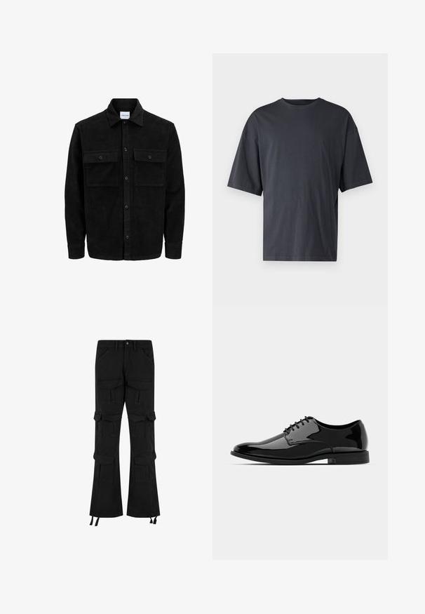Schwarze Corduroy-Button-Up-Jacke mit zwei frontalem Klappentaschen und klassischem Kragen, langen Ärmeln und gerippter Textur.; Dunkelgraues Kurzarm-T-Shirt aus leichtem Baumwollmaterial, mit lockerer Passform und klassischem Rundhalsausschnitt, in einfarbigem Design ohne Muster.; Schwarze Cargo-Hosen aus Denim, mit mehreren Taschen, weit geschnittenem Design und verstellbaren Kordeln am Saum.; Schwarze Lackleder-Schuh mit abgerundetem Zeh, Schnürdesign und glatter, glänzender Oberfläche. Verfügt über eine flache Gummisohle.