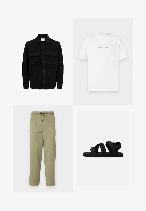 Veste en velours côtelé noire à boutons, avec deux poches à rabat à l'avant et un col classique, des manches longues et une texture côtelée.; T-shirt en coton blanc à manches courtes et col rond. Le texte centré indique "BIENVENUE AU PARADIS" en une police verte courbée.; Pantalons vert olive clair en tissu mélangé coton, dotés d'une taille élastique avec cordon de serrage et de deux grandes poches latérales.; Sandales noires avec trois fermetures à sangle réglables, semelle plate et semelle intérieure texturée pour une meilleure adhérence. Fabriquées à partir de matériaux doux pour un confort optimal.