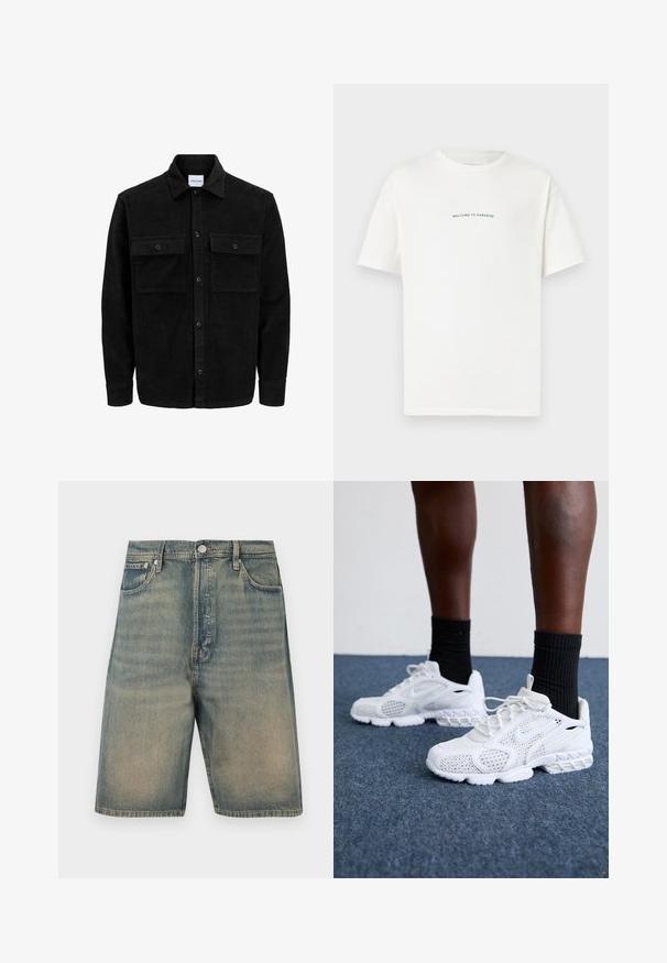 Juodas velveto mygtukų švarkas su dviem priekiniais kišenėmis su atvartais, klasikiniu apykakle, ilgomis rankovėmis ir raukšlėtu paviršiumi.; Balta medvilninė marškinėliai trumpomis rankovėmis ir apvaliu iškirpimu. Viduryje esantis tekstas sako "SVEIKI ATVYKĘ Į PARADISĄ" kreiptu žaliu šriftu.; Džinsiniai šortai, išblukusios mėlynos spalvos, aukšto liemens dizainas, penkių kišenių stilius, su metaliniais akcentais ir matomais siuvimo detalėmis.; Baltos sportiniai bateliai su tinkline viršutine dalimi, tekstūruotais akcentais ir paminkštintu padu. Puikiai derančios su juodomis klasikinių kojinių iki kulkšnies ant mėlynos kiliminės dangos.