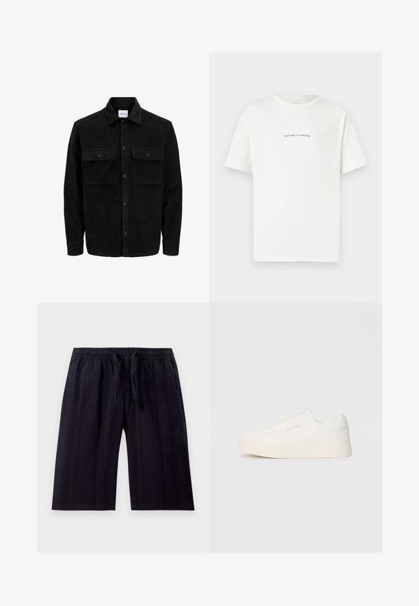 Sort fløjl button-up jakke med to frontlommer og klassisk krave, lange ærmer og ribbet tekstur.; Hvid bomulds t-shirt med korte ærmer og rund hals. Centreret tekst med teksten "VELKOMMEN TIL PARADIS" i en buet grøn skrifttype.; Sorte, knælange shorts lavet af letvægtsstof. Har et elastisk taljebånd med snøre og en glat tekstur. Enkel design.; Hvide slip-on sneakers med en struktureret overflade, en tyk sål og et minimalistisk design. Har brandlogoet på siden.