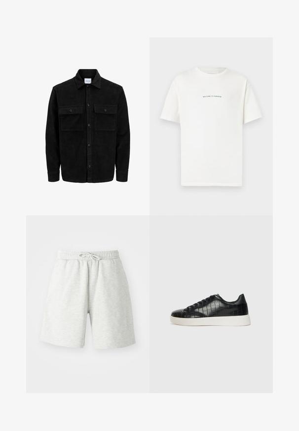 Svart kordfløyels knappjakke med to frontlommer med klaff og klassisk krage, lange ermer og ribbet tekstur.; Hvit bomull t-skjorte med korte ermer og rund hals. Midt på t-skjorten står teksten "VELKOMMEN TIL PARADIS" i en buet grønn skrift.; Lysegrå bomullsshorts med elastisk midjebånd, snor detalj og sidelommer. Myk tekstur, kne-langt design.; Svarte joggesko med en teksturert krokodille-embossed læroverdel, rund tå og en kontrasterende hvit gummisåle med en glatt overflate.