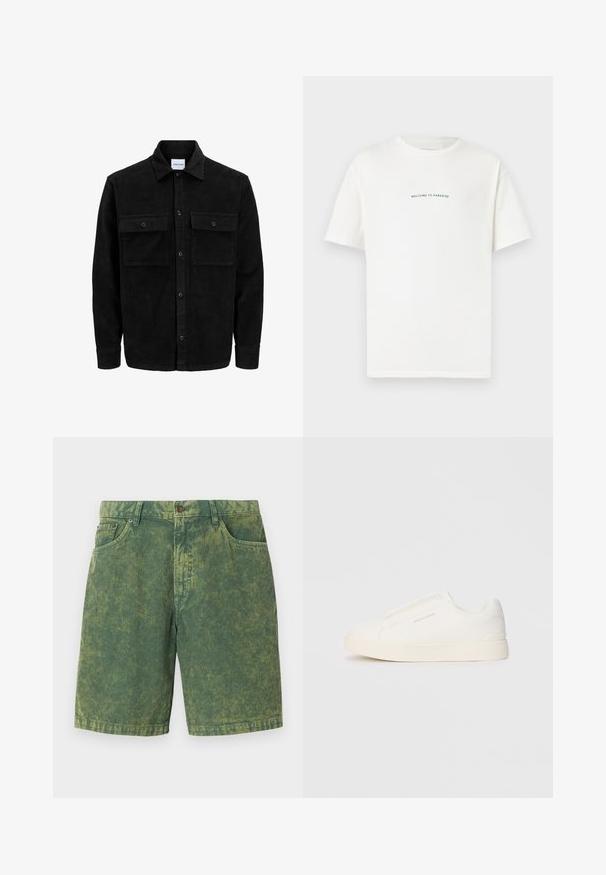 Black corduroy button-up jacket with two front flap pockets and a classic collar, long sleeves, and ribbed texture.; White cotton t-shirt with short sleeves and a crew neck. Centered text reads "WELCOME TO PARADISE" in a curved green font.; Green corduroy shorts featuring a textured ribbed pattern, five-pocket design, and button closure. Subtle lighter accents throughout.; White slip-on sneakers with a textured surface, a thick sole, and minimalistic design. Features brand logo on the side.
