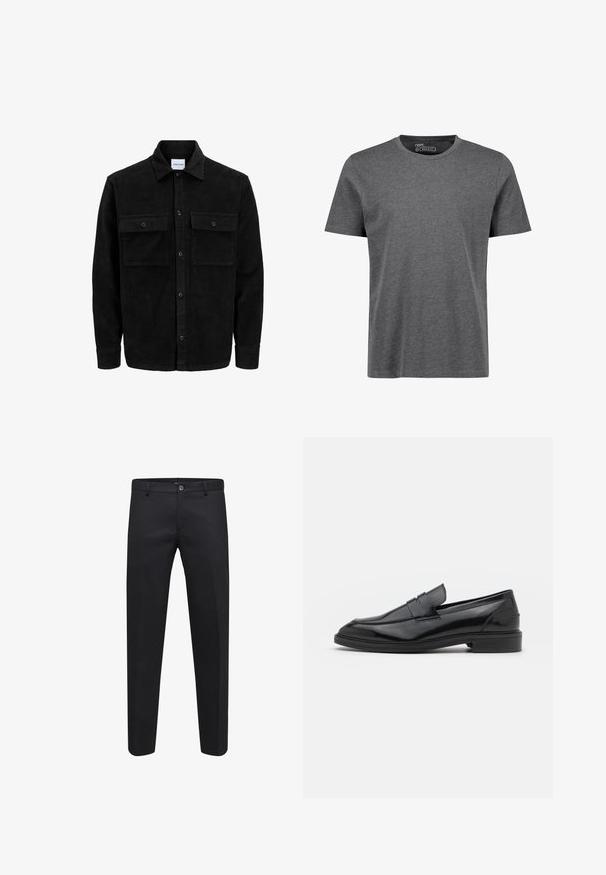 Črna kordurojska jakna z gumbi, z dvema sprednjima žepoma z zavihkom in klasičnim ovratnikom, dolgimi rokavi ter rebrasto teksturo.; Siva, redna majica s kratkimi rokavi, izdelana iz mehkega blaga. Ima okroglo izrez in ramenske šive z minimalnimi podrobnostmi šivanja.; Črne elegantne hlače iz gladkega blaga z gumbom za zapiranje, zankami za pas in stranskimi žepi, oblikovane s ravnimi nogavicami.; Črne usnjene loafersice z gladko površino, s zaobljenim prstom in ozkim pasom čez zgornji del. Nizek zložen petek.