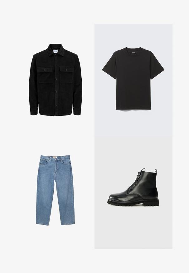 Crni kožni kord jakna na dugmad s dva prednja džepa s preklopom i klasičnim ovratnikom, dugim rukavima i rebrastom teksturom.; Crna majica kratkih rukava od mekanog pamuka, s okruglim izrezom i jednostavnim dizajnom bez uzoraka ili naglasaka.; Svijetloplave traperice ravnog kroja, s pet džepova i vidljivom oznakom branda na pojasu.; Crna kožna gležnjača s okruglim vrhom, vezanjem sprijeda i teksturiranom gumenom potplatom. Ima petni uvučeni dio i kontrastno šivanje.