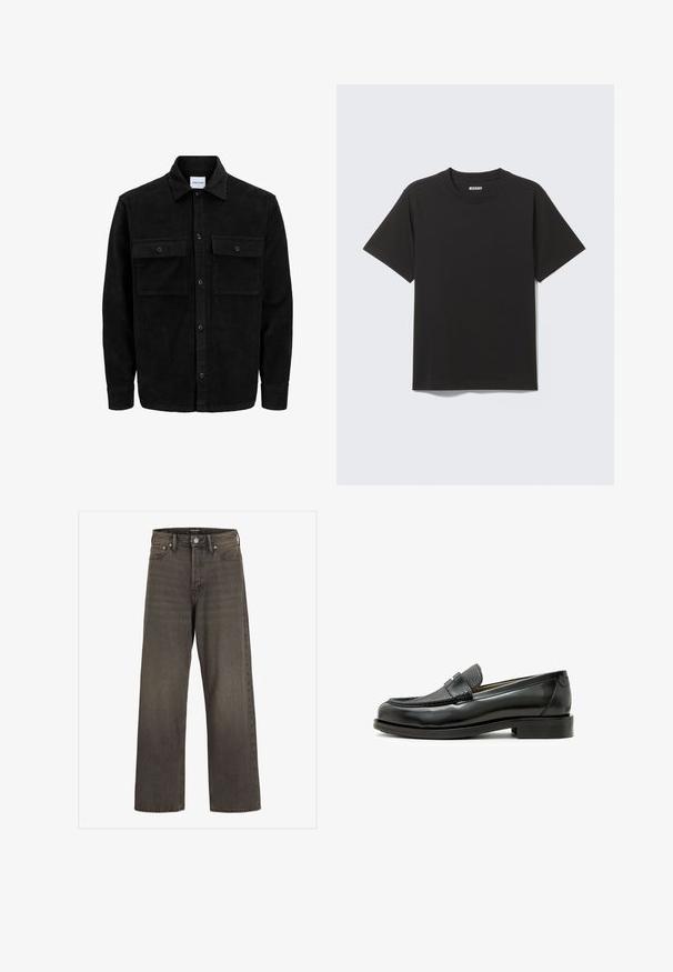 Svart kordfløyels knappjakke med to frontlommer med klaff og klassisk krage, lange ermer og ribbet tekstur.; Svart T-skjorte med korte ermer laget av myk bomull, med rund hals og enkel design uten mønstre eller detaljer.; Videbukser i mørkegrå denim, med høj talje, klassisk fem-lomme design og kontrasterende syninger langs sømmene.; Svarte lærloafers med teksturert svart lærdetalj, avrundet tå og lav blokkhel. Har en dekorativ metalldetalj.