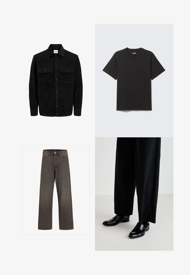 Crni kožni kord jakna na dugmad s dva prednja džepa s preklopom i klasičnim ovratnikom, dugim rukavima i rebrastom teksturom.; Crna majica kratkih rukava od mekanog pamuka, s okruglim izrezom i jednostavnim dizajnom bez uzoraka ili naglasaka.; Široke traperice u tamnosivom denimu, s visokim strukom, klasičnim dizajnom s pet džepova i kontrastnim šavovima duž šavova.; Crne kožne cipele s glatkom završnom obradom, s glatkim prstom i niskom petom, u kombinaciji s labavim crnim hlačama.