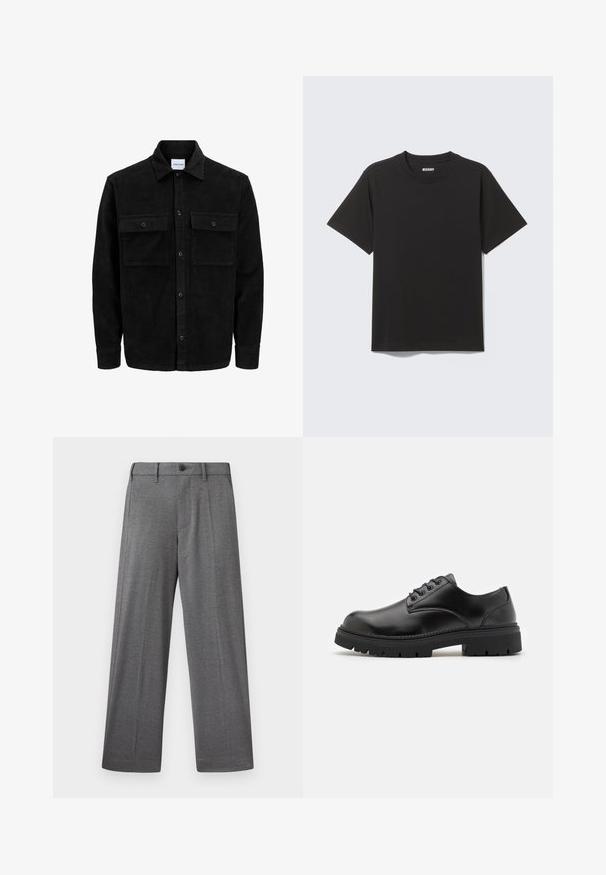 Black corduroy button-up jacket with two front flap pockets and a classic collar, long sleeves, and ribbed texture.; Black short-sleeve T-shirt made of soft cotton, featuring a round neckline and simple design without patterns or accents.; Gray, wide-leg trousers made of textured fabric with a button closure, side pockets, and sharp crease detailing along the legs.; Black leather shoes with a rounded toe, lace-up design, and a thick, textured rubber sole. Features stitching along the edge and a smooth finish.