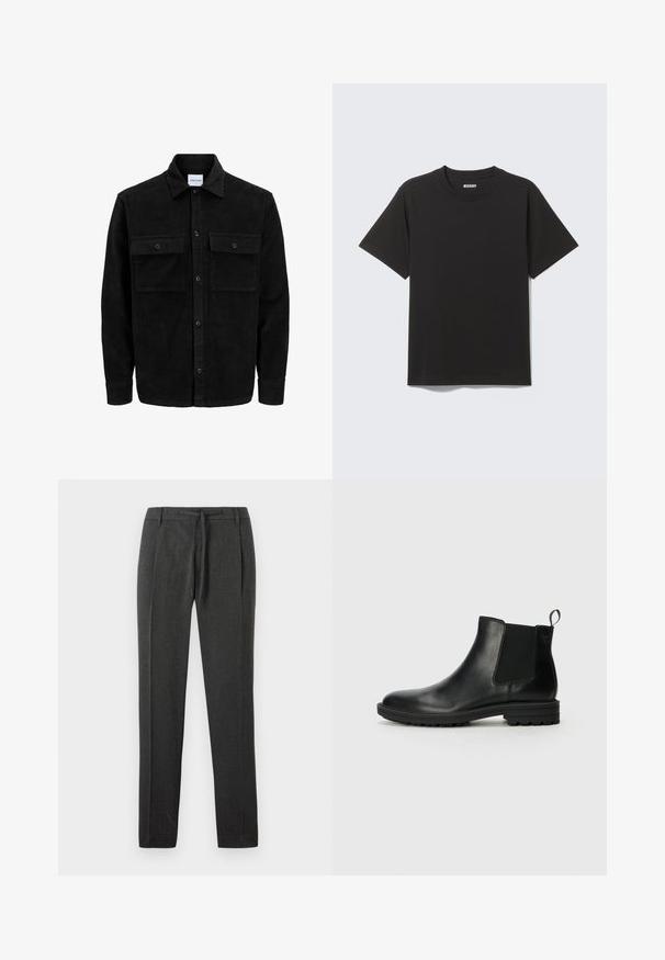 Black corduroy button-up jacket with two front flap pockets and a classic collar, long sleeves, and ribbed texture.; Black short-sleeve T-shirt made of soft cotton, featuring a round neckline and simple design without patterns or accents.; Dark gray trousers with a textured fabric, straight leg design, front pleats, and a drawstring waistband. No visible pockets or accents.; Jack & Jones JFWHOSKINS - Classic ankle boots - anthracite