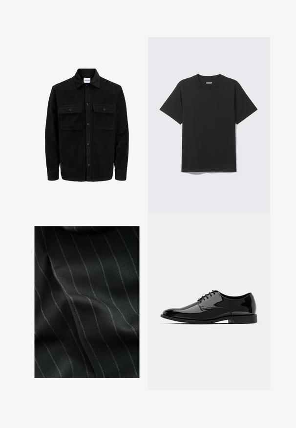 Černá kordurová košile s knoflíky, dvěma předními klopovými kapsami a klasickým límcem, dlouhými rukávy a vroubkovanou texturou.; Černé tričko s krátkým rukávem z měkké bavlny, s kulatým výstřihem a jednoduchým designem bez vzorů či akcentů.; Černá látka s vzorem rybí kosti a tenkými bílými pruhy. Textura se zdá být hladká s jemnou hloubkou od tkaní.; Černé lakované kožené dress boty s kulatou špičkou, šněrovacím designem a hladkým, lesklým povrchem. Disponují nízkoprofilovou gumovou podrážkou.