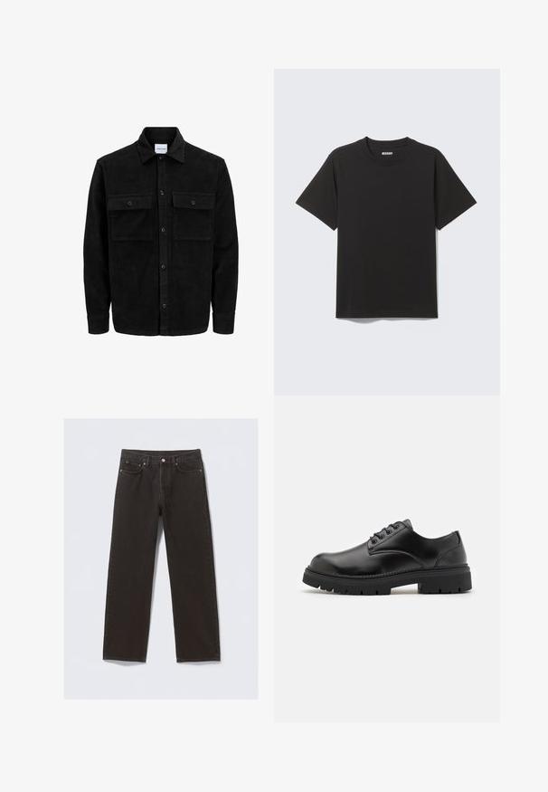 Giacca in corduroy nera con bottoni, due tasche anteriori con patta, colletto classico, maniche lunghe e texture a coste.; T-shirt nera a maniche corte in morbido cotone, con scollo rotondo e design semplice senza motivi o accenti.; Jeans in denim nero con design a gamba dritta, cinque tasche e cuciture color rame. Tessuto liscio, chiusura a bottone classica in vita.; Scarpe in pelle nera con punta arrotondata, design lace-up e suola in gomma spessa e testurizzata. Presentano una cucitura lungo il bordo e una finitura liscia.