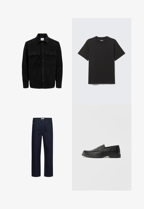 Juodas velveto mygtukų švarkas su dviem priekiniais kišenėmis su atvartais, klasikiniu apykakle, ilgomis rankovėmis ir raukšlėtu paviršiumi.; Juoda trumpomis rankovėmis medvilninė marškinėliai, pagaminti iš minkštos medvilnės, su apvalia iškirpte ir paprastu dizainu be raštų ar akcentų.; Tamsiai mėlyni džinsai iš džinso audinio, tiesaus kirpimo, su penkiomis kišenėmis, kontrastingomis siūlėmis ir prekės ženklo etikete ant juosmens.; Juodai odiniai loaferiai su sklandžiu paviršiumi, mokasino stiliaus viršus, siuvinėjimu ir guminėmis padangomis. Klasikinis dizainas su žemu kulnu.