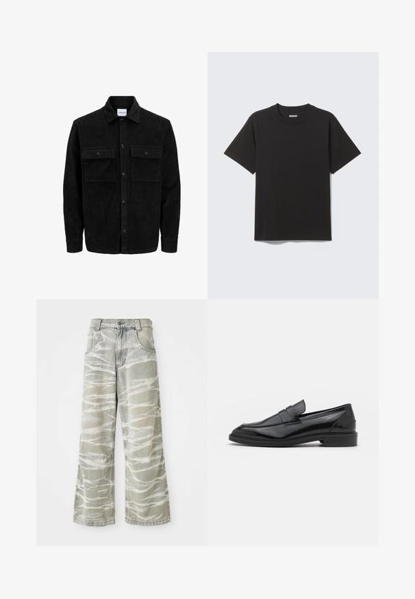 Melnas kordūru pogu jaka ar divām priekšējām atloka kabatām un klasisku apkakli, garām piedurknēm un ribotu tekstūru.; Melns īsroku T-krekls no mīksta kokvilnas auduma ar apaļu kakla izgriezumu un vienkāršu dizainu bez rakstiem vai izcelto elementu.; Gai pelēki džinsi ar platu kāju, ar baltām abstraktām rakstiem, pieci kabatas un priekšējā pogu aizdare. Izplēsta apakšmala.; Melnas ādas loafers ar gludu virsmu, ar noapaļotu purngalu un šauru joslu pāri augšdaļai. Zems kaudzes papēdis.