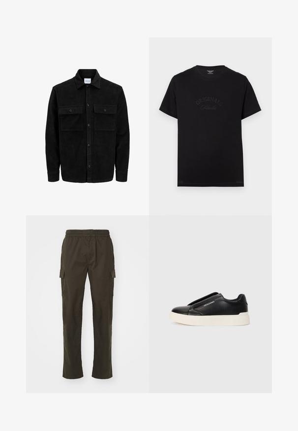 Black corduroy button-up jacket with two front flap pockets and a classic collar, long sleeves, and ribbed texture.; Black cotton t-shirt with short sleeves and a round neckline. Features "ORIGINALS Studio" embossed in tonal lettering on the front.; Dark olive green cargo pants with an elastic waistband, four pockets, and a straight-leg design. Made of durable, lightweight fabric.; Black slip-on sneaker with textured leather upper, white rubber sole, and no visible laces. Features brand logo on the side.