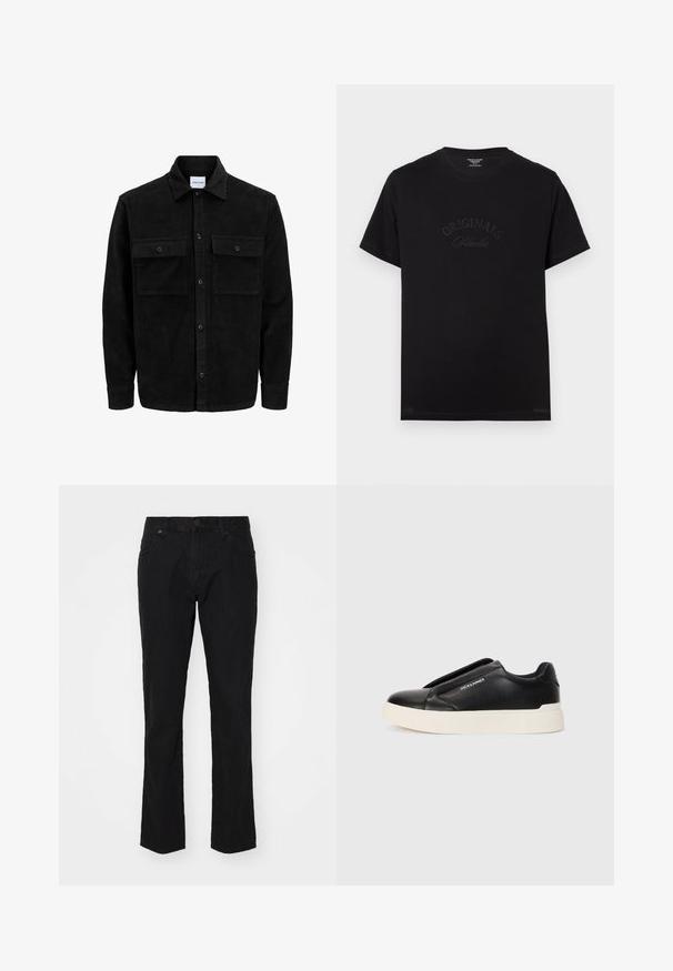 Giacca in corduroy nera con bottoni, due tasche anteriori con patta, colletto classico, maniche lunghe e texture a coste.; T-shirt in cotone nero con maniche corte e scollatura rotonda. Presenta la scritta "ORIGINALS Studio" in rilievo con lettering tonale sul davanti.; Jeans in denim nero con design a gamba dritta, classico stile a cinque tasche e chiusura a bottone in vita. Tessuto liscio, dettagli minimi.; Sneaker nera slip-on con parte superiore in pelle texturizzata, suola in gomma bianca e senza lacci visibili. Presenta il logo del marchio sul lato.