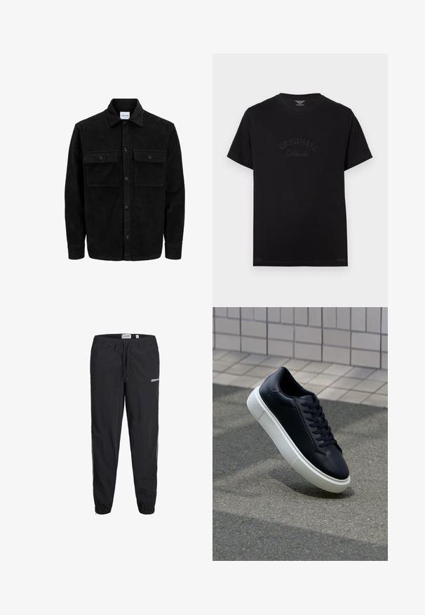 Mustmustöös nupuga jope, millel on kaks eesmist klapiga taskut ja klassikaline kaelus, pikad varrukad ning ribakujuline tekstuur.; Must t-särk lühikeste varrukatega ja ümmarguse kaelusega. Esiküljel on hõbedaselt kirjeldatud "ORIGINALS Studio".; Mustvalged sportpüksid elastse vöökoha, paeltega ja mansettidega pahkluudes. Ees on logo ja kontrastsed külgriided.; Mustast nahast tennisetoss, millel on ümar nina ja valge kummist tall. Omab siredaid paelu ja minimaalset õmblemist ülemises osas. Tekstuuriga tald, mis tagab haakuvuse.