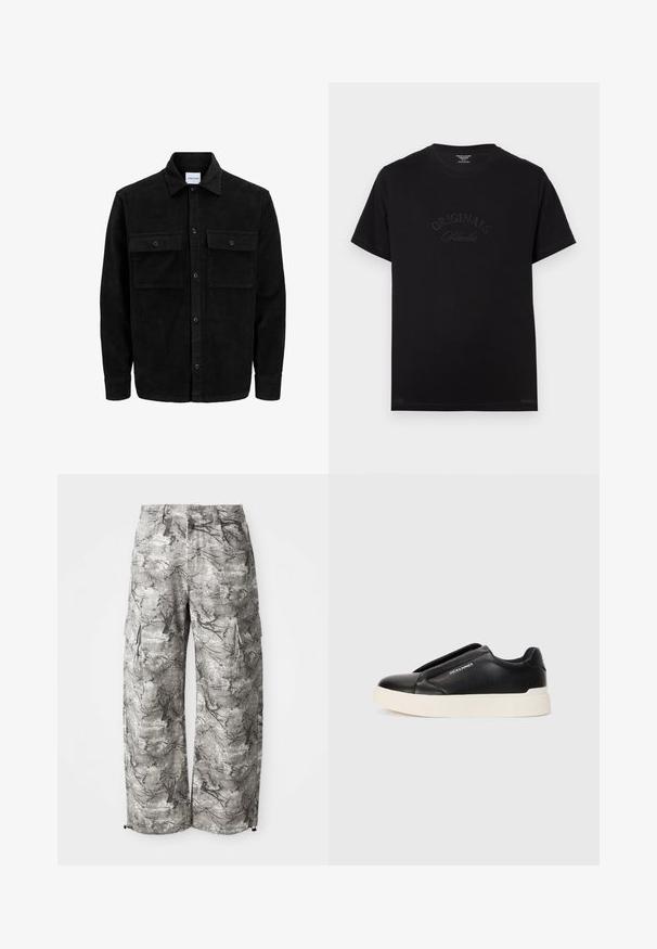 Svart kordfløyels knappjakke med to frontlommer med klaff og klassisk krage, lange ermer og ribbet tekstur.; Svart bomullst-skjorte med korte ermer og rund halslinning. Den har "ORIGINALS Studio" preget i tonede bokstaver foran.; Cargo bukser i grå camouflage mønster, lavet af et struktureret stof. Funktioner inkluderer sidelommer og en elastisk kant ved manchetterne.; Sorte slip-on joggesko med teksturert læroverdel, hvit gummisåle og ingen synlige snører. Har merkevarelogo på siden.