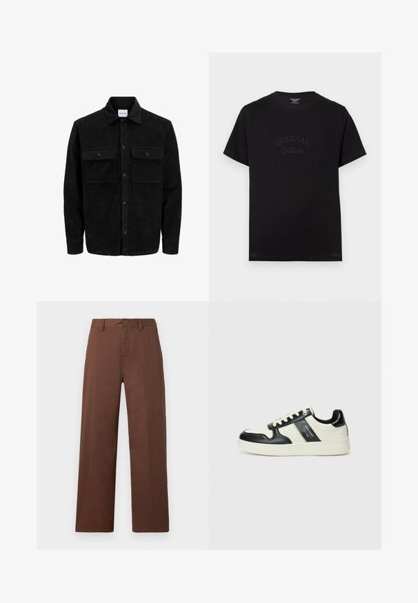 Black corduroy button-up jacket with two front flap pockets and a classic collar, long sleeves, and ribbed texture.; Black cotton t-shirt with short sleeves and a round neckline. Features "ORIGINALS Studio" embossed in tonal lettering on the front.; Brown wide-leg trousers made of smooth cotton fabric. Features a button closure, belt loops, and two front pockets.; Leather sneakers with a black and cream color scheme, featuring perforated accents, a padded collar, and a textured outsole.