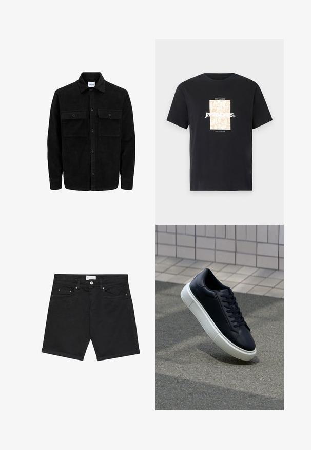 Juodas velveto mygtukų švarkas su dviem priekiniais kišenėmis su atvartais, klasikiniu apykakle, ilgomis rankovėmis ir raukšlėtu paviršiumi.; Juodas medvilninis marškinėliai su apvaliu kaklu. Ant priekinės pusės yra smėlio spalvos stačiakampis grafikas ir baltas tekstas "JAWO", centrinėje dalyje. Trumpi rankoviai.; Juodi džinsiniai šortai klasikinio kirpimo, su mygtukų uždarymu, penkiomis kišenėmis ir suktomis apykaklėmis. Lygus audinys su subtiliais rašto akcentais.; Juodas odinis sportbačius su apvaliu pirštu ir baltu gumuotu padu. Turi plokščias raišteles ir minimalų siuvimą viršuje. Padangos tekstūra užtikrina sukibimą.