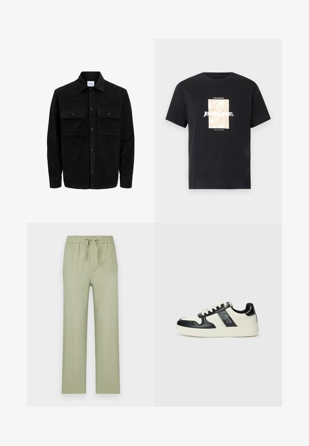 Zwarte corduroy knopenjack met twee voorste klepzakken en een klassieke kraag, lange mouwen en ribbelstructuur.; Zwarte katoenen T-shirt met ronde hals. Kenmerkt een beige rechthoekige grafiek en witte tekst, "JAWO," gecentreerd op de voorkant. Korte mouwen.; Broek in licht olijfgroen, gemaakt van zachte stof. Heeft een elastische tailleband met een trekkoord en rechte, losse pijpen.; Leren sneakers met een zwart en crèmekleurig kleurenschema, voorzien van geperforeerde accenten, een gevoerde kraag en een gestructureerde buitenzool.
