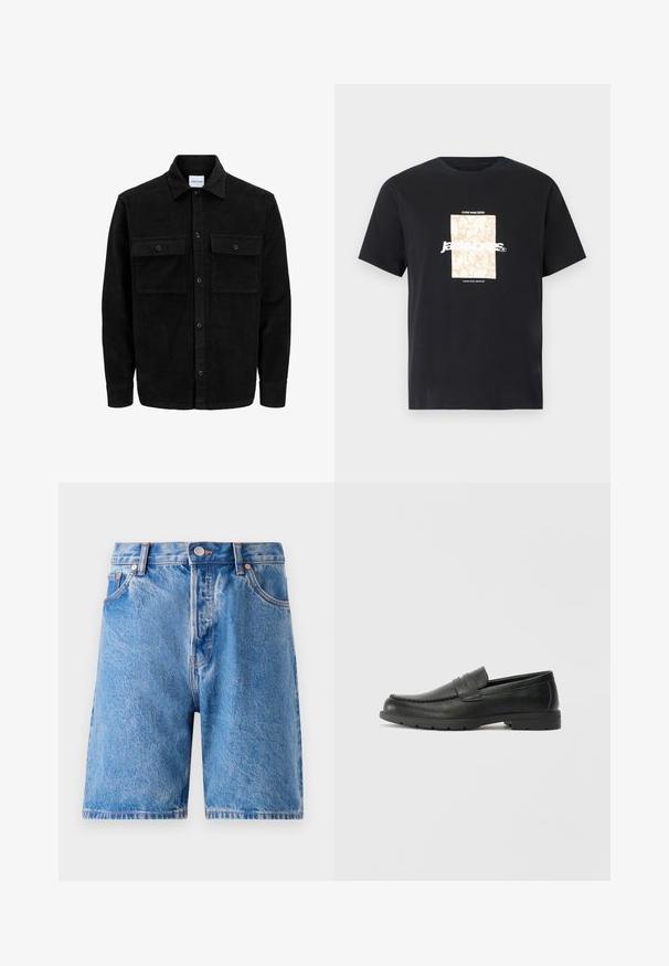 Črna kordurojska jakna z gumbi, z dvema sprednjima žepoma z zavihkom in klasičnim ovratnikom, dolgimi rokavi ter rebrasto teksturo.; Črna bombažna majica s krožnim izrezom. Ima bež pravokoten grafični vzorec in belo besedilo "JAWO," sredi spredaj. Kratke rokave.; Denim kratke hlače v svetlo modri barvi z bledim pranjem. Imajo klasičen dizajn s petimi žepi, gumbno zapiranje in bronaste zakovice.; Črne usnjene loafer čevlje z gladko površino, zgornjim delom v slogu mokasin, šivanimi detajli in gumijastim podplatom. Klasična zasnova z nizko peto.