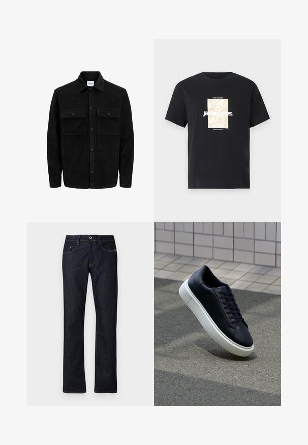 Chaqueta de pana negra con botones, dos bolsillos delanteros con solapa y un cuello clásico, mangas largas y textura acanalada.; Camiseta de algodón negra con cuello redondo. Presenta un gráfico rectangular beige y texto blanco, "JAWO," centrado en la parte delantera. Mangas cortas.; Jeans de mezclilla azul oscuro con un diseño de pierna recta, que cuentan con un estilo estándar de cinco bolsillos y costuras en contraste con un cierre de botón.; Zapatilla de cuero negro con punta redonda y suela de goma blanca. Presenta cordones planos y un mínimo de costuras en la parte superior. Suela texturizada para proporcionar agarre.