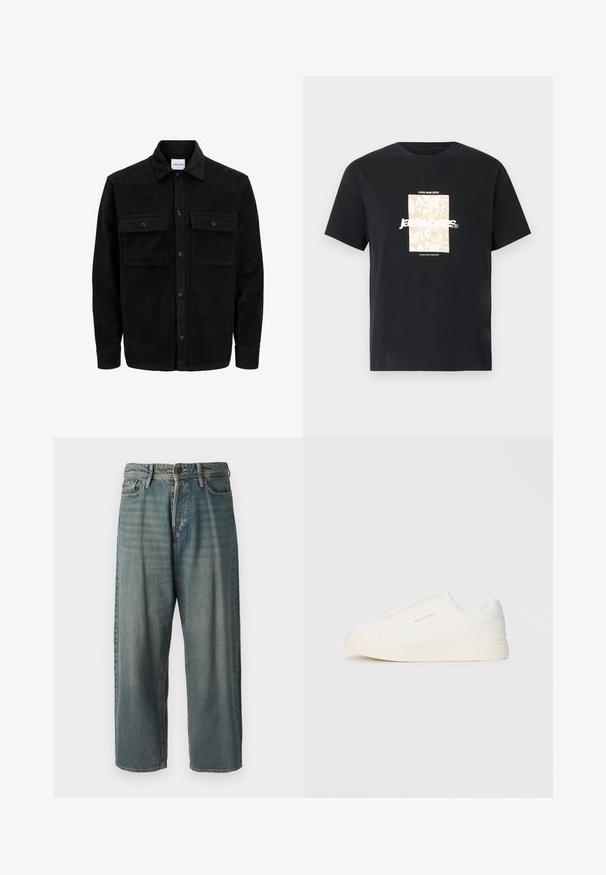 Juodas velveto mygtukų švarkas su dviem priekiniais kišenėmis su atvartais, klasikiniu apykakle, ilgomis rankovėmis ir raukšlėtu paviršiumi.; Juodas medvilninis marškinėliai su apvaliu kaklu. Ant priekinės pusės yra smėlio spalvos stačiakampis grafikas ir baltas tekstas "JAWO", centrinėje dalyje. Trumpi rankoviai.; Šviesiai mėlyni džinsai su laisvu siluetu, vidutinio aukščio juosmeniu ir tiesiomis kojomis. Su penkiais kišenėmis, diržo kilpo ir mygtukų uždarymu.; Baltos slip-on sportbačiai su tekstūruota paviršiumi, storesniu padu ir minimalistišku dizainu. Šone matosi prekės ženklo logotipas.