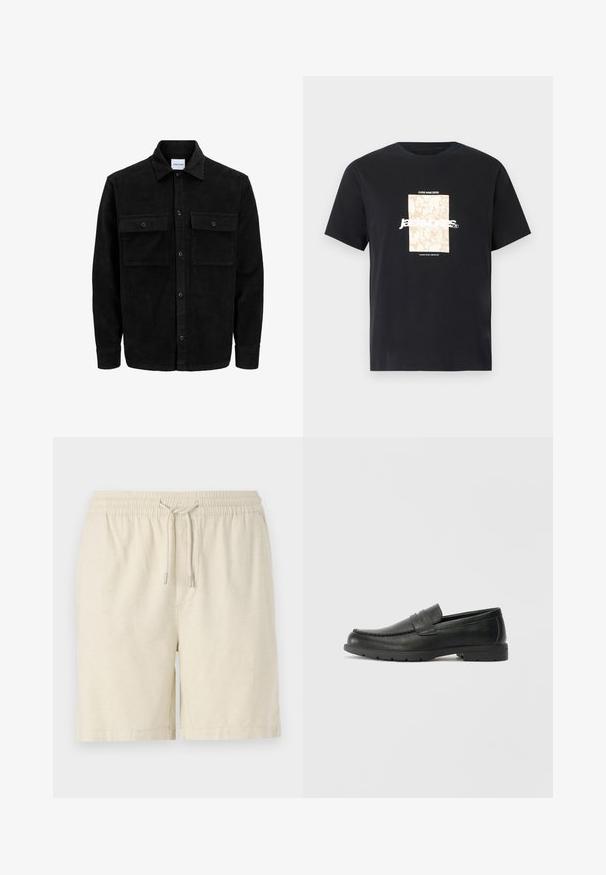 Schwarze Corduroy-Button-Up-Jacke mit zwei frontalem Klappentaschen und klassischem Kragen, langen Ärmeln und gerippter Textur.; Schwarzes Baumwoll-T-Shirt mit Rundhalsausschnitt. Hat eine beige rechteckige Grafik und weißen Text "JAWO", zentriert auf der Vorderseite. Kurze Ärmel.; Helle beige Shorts aus einem strukturierten Stoff. Verfügt über einen elastischen Bund mit einem Kordelzug und Seitentaschen. Klassischer Schnitt und lässiges Design.; Schwarze Lederloafers mit glatter Oberfläche, Mokassin-oberteil, genähten Details und Gummisohle. Klassisches Design mit niedrigem Absatz.