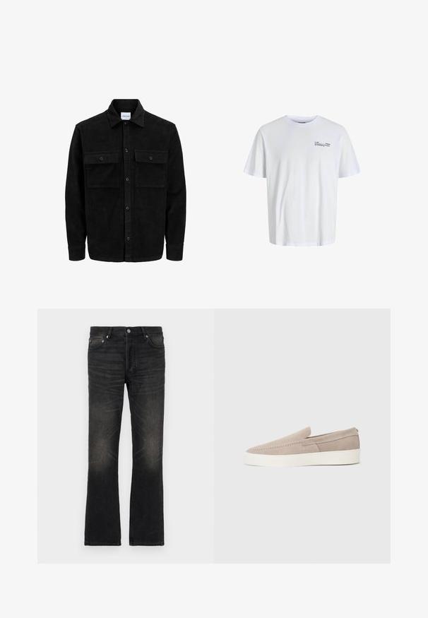 Veste en velours côtelé noire à boutons, avec deux poches à rabat à l'avant et un col classique, des manches longues et une texture côtelée.; T-shirt en coton blanc avec un col rond et des manches courtes, arborant un texte noir sur la zone gauche de la poitrine. Texture douce et lisse, coupe décontractée.; Jeans en denim noir évasés avec une finition délavée, cinq poches et quincaillerie argentée. Dotés d'une taille classique et d'un tissu légèrement texturé.; Chaussures slip-on en suède beige avec une texture lisse, bout rond et semelle en caoutchouc blanche. Présente des coutures simples le long de la partie supérieure.