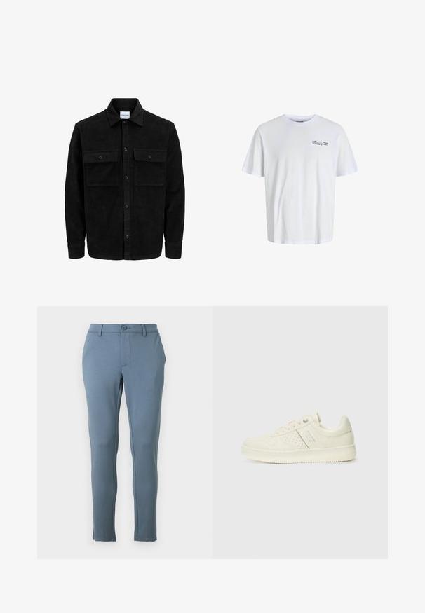 Čierna kordúrová bunda s gombíkmi, dvoma prednými vreckami so záklopkou a klasickým golierom, dlhými rukávmi a ryhovanou textúrou.; Biele bavlnené tričko s okrúhlym výstrihom a krátkymi rukávmi, s čiernym textom na ľavej strane hrude. Mäkká, hladká textúra, voľný strih.; Svetlomodré priliehavé nohavice vyrobené z mäkkej látky, s hladkým povrchom, predným zapínaním na gombík a prispôsobenými švami po stranách.; Krémová teniska s perforovanými detailmi, šnúrkami a logom na boku, vystavená na jednoduchej bielej pozadí.