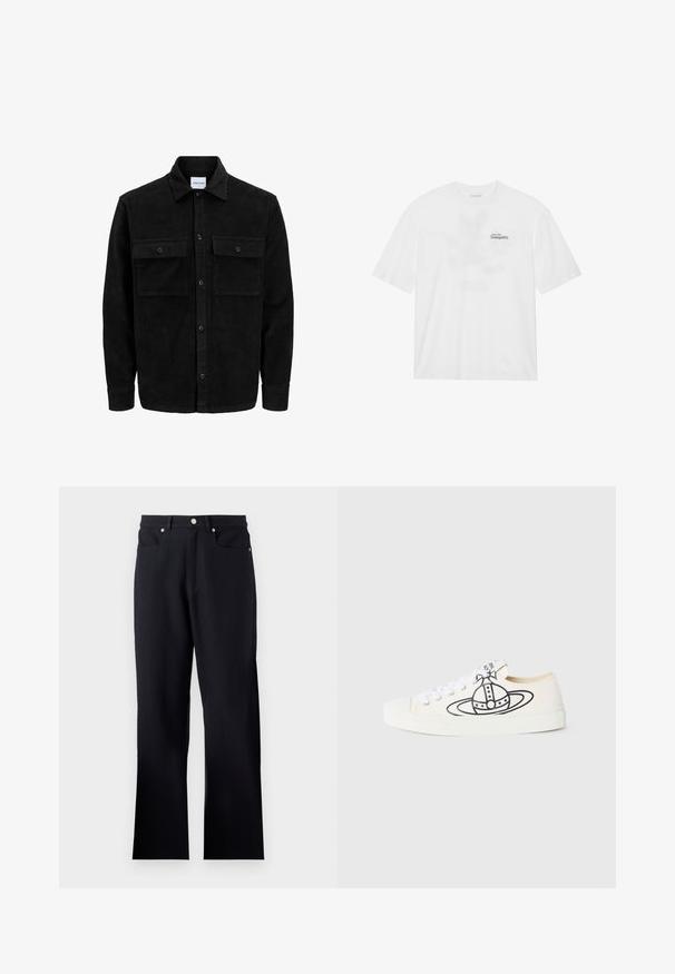 Schwarze Corduroy-Button-Up-Jacke mit zwei frontalem Klappentaschen und klassischem Kragen, langen Ärmeln und gerippter Textur.; Weißes Baumwoll-T-Shirt mit kurzen Ärmeln, das einen Frontdruck mit der Aufschrift "Schweife in die Ruhe" in Schwarz und Grün zeigt.; Schwarze Hosen aus strukturiertem Stoff, mit einer taillierten Taille, zwei Vorderaschen und einem geraden Beinansatz. Inklusive silberner Hardware-Details.; Leinensneaker in Off-White mit einem schwarzen Planeten-Graphic. Verfügt über weiße Schnürsenkel und eine strukturierte Gummisohle. Abgerundete Zehenform.