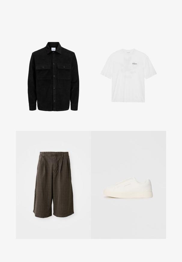 Black corduroy button-up jacket with two front flap pockets and a classic collar, long sleeves, and ribbed texture.; White cotton t-shirt with short sleeves, featuring a front print that reads "Soar into Tranquility" in black and green.; Brown striped shorts with a loose fit. Made from lightweight fabric, featuring pleats and a cuffed hem for added detail.; White slip-on sneakers with a textured surface, a thick sole, and minimalistic design. Features brand logo on the side.