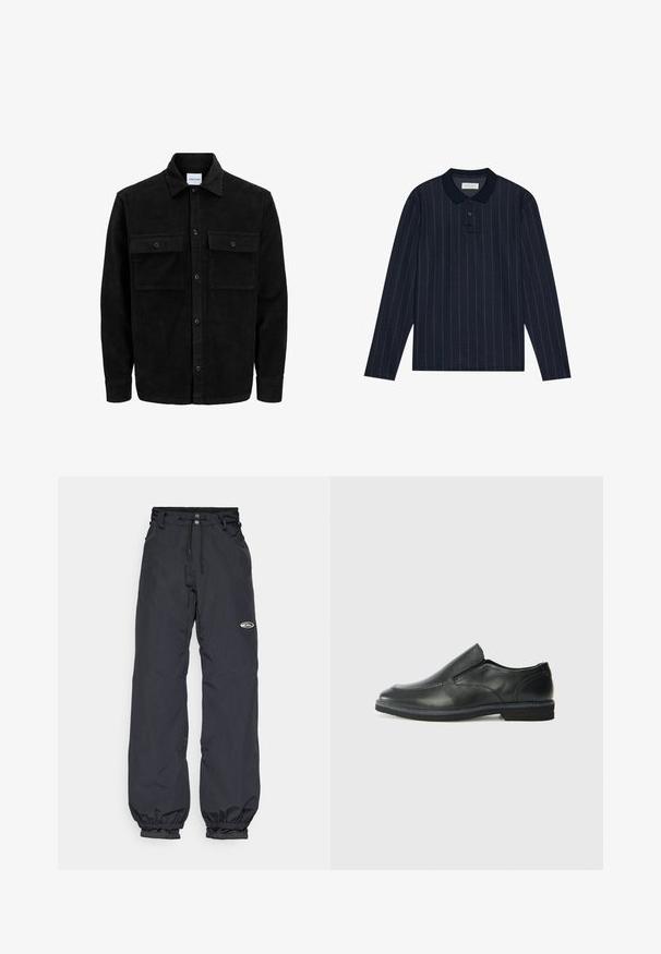 Juodas velveto mygtukų švarkas su dviem priekiniais kišenėmis su atvartais, klasikiniu apykakle, ilgomis rankovėmis ir raukšlėtu paviršiumi.; Jūros mėlynos ilgos rankovės polo marškiniai su apykaklės iškirpte, su plonomis vertikaliomis juostelėmis ir trims mygtukais. Minkšta audinio tekstūra.; Juodos vandeniui atsparios kelnės su reguliuojamu juosmeniu, elastinėmis rankovėmis ir maža logotipo etikete ant šlaunies; lengvas audinys.; Juodai odiniai įtvirtinimo batai su lygiu paviršiumi, siuvinėjimo akcentais, apvalia nosimi ir žemu guminiu kulnu. Pado raštas minimalus.