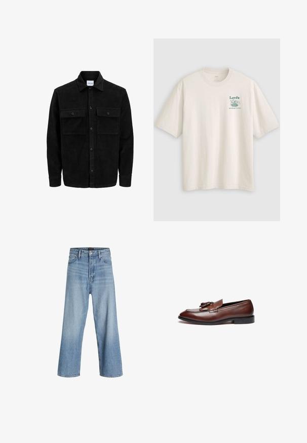 Melnas kordūru pogu jaka ar divām priekšējām atloka kabatām un klasisku apkakli, garām piedurknēm un ribotu tekstūru.; Balta kokvilnas T-krekls ar īsām piedurknēm, uz kreisā krūtīm zaļš Lev's logotips un teksts. Brīvs piegriezums, gluda tekstūra.; Gaiši zili plaša kāju džinsi, kas izgatavoti no denima, ar augstu jostasvietu, klasisku piecu kabatu dizainu un pogu aizdari ar rāvējslēdzēju.; Brūni ādas loafers ar gludu apdari, dekoratīviem pušķiem, noapaļotu pirkstu un zemu melnu gumijas zoli.