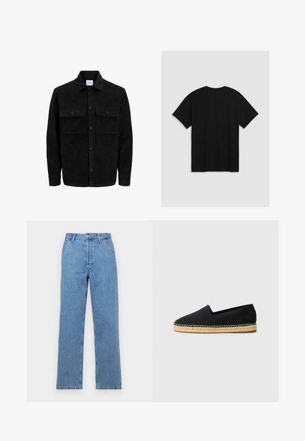 Veste en velours côtelé noire à boutons, avec deux poches à rabat à l'avant et un col classique, des manches longues et une texture côtelée.; Levi's® BOXTAB - T-shirt imprimé - boxtab in black bas; Jean en denim bleu clair à jambes droites avec un design classique à cinq poches, doté d'une fermeture à bouton à l'avant et de passants de ceinture. Texture lisse.; Espadrille en toile noire avec un bout rond, dotée d'une semelle en jute tissée et de détails de couture le long du bord de la semelle.